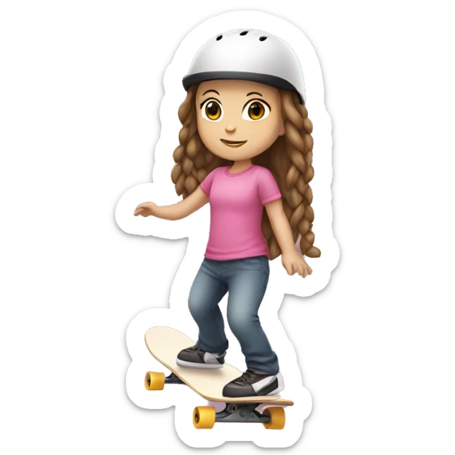 little white girl, brown hair with braids, with pink helmet skateboarding sticker