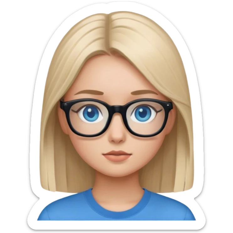 Blonde girl with straight hair blue eyes and black glasses with a blue shurt sticker
