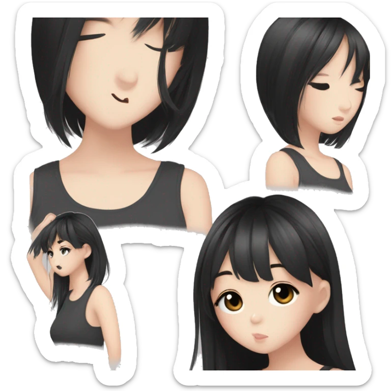 Korean girl, black tank top, black hair, black eyes, layered hair, cool girl, aesthetic, long hair, hime cut, blunt bangs, small silver hoop earrings sticker