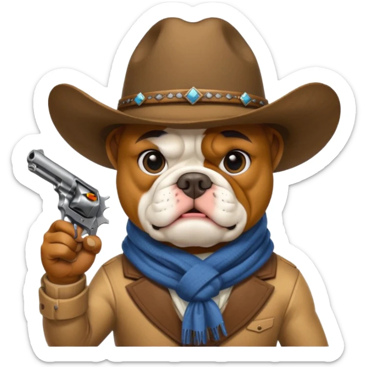 A bulldog wearing a cowboy hat, covering his face with a scarf so he wouldn't be recognized, pointing a revolver at you, telling you to hand over your money. sticker