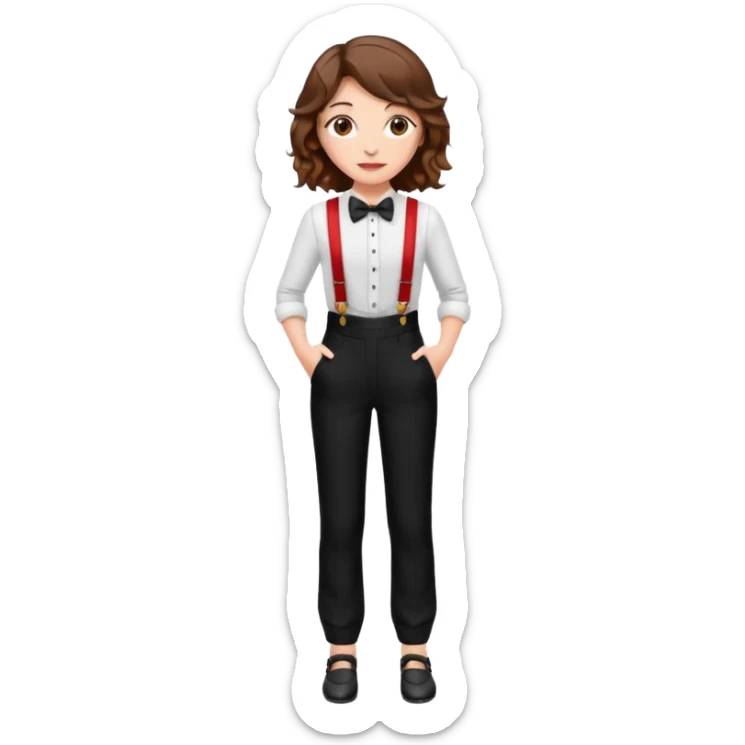 Woman with wavy brown hair and hazel eyes wearing black tuxedo pants with red suspenders sticker