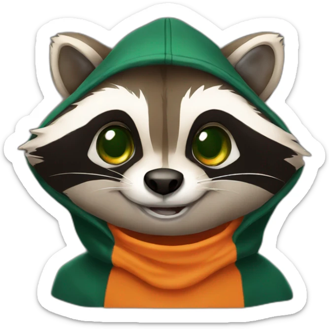 brown raccoon with orange eyes and a dark green hood that is laughing sticker