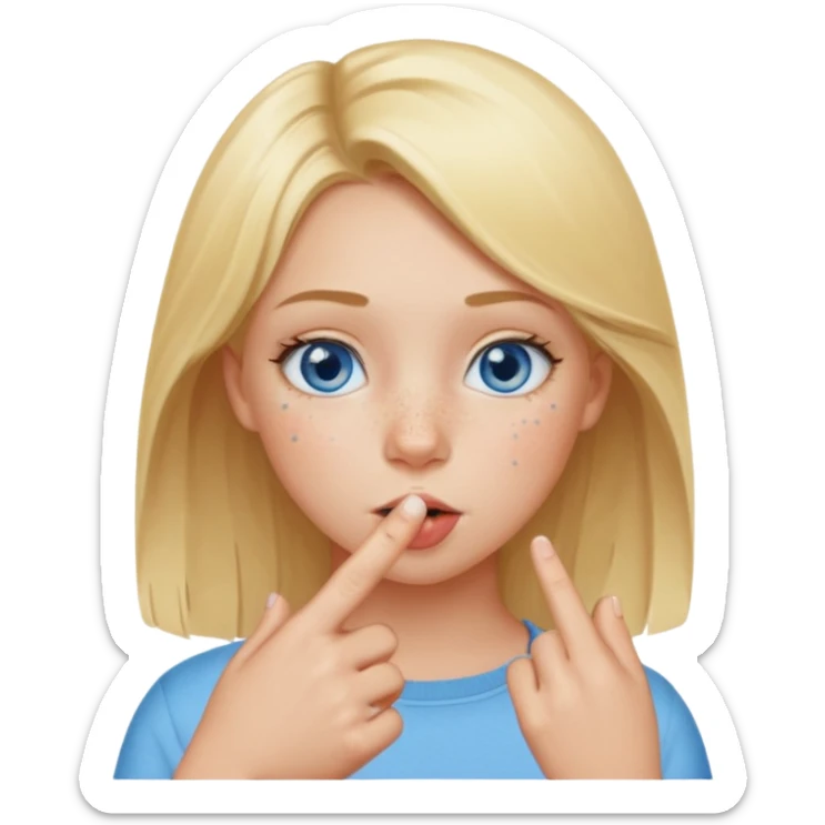 Chica con el dedo índice en la boca , que la chica sea rubia con ojos azules sticker