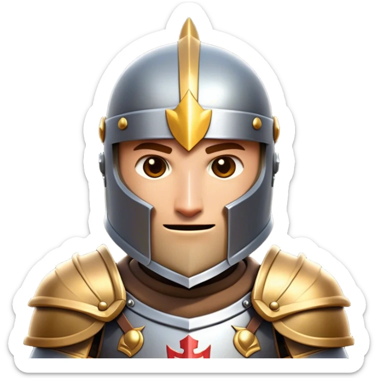 Clash of Clans style friendly Knight Portrait Emoji, With simple armored build featuring a gleaming suit adorned with simple heraldry and a covered fave behind a visored helm, his face rendered in a natural skin tone (not yellow), Simplified yet dynamic features, highly detailed, glowing with a cool, steely radiance, high shine, courageous and resolute, stylized with an air of chivalric valor, focused and stalwart, soft glowing outline, capturing the essence of a valiant knight ready to charge into epic quests with honor! sticker