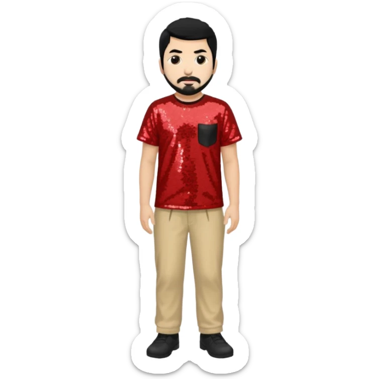 Chino Moreno with black hair, red sequin shirt, beige sequin baggy pants sticker