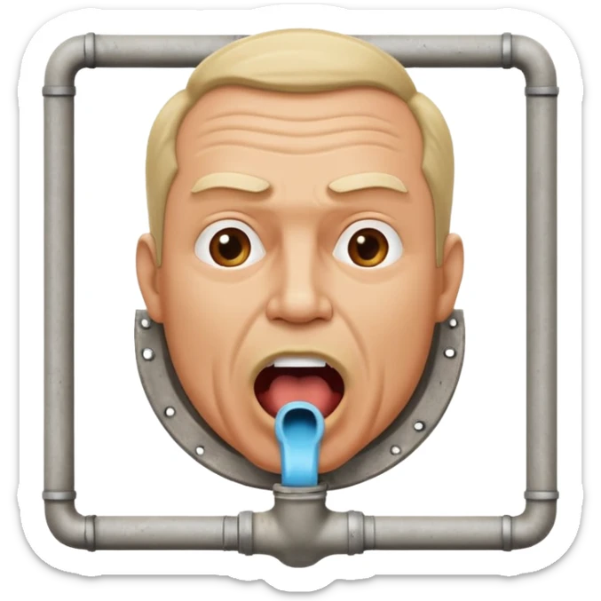 50 year old white male with an open mouth. No moustache—over his mouth is a square frame made of concrete connected to a drain pipe. He is proud and thinks his right, while being slightly angry because the joke is on him. sticker