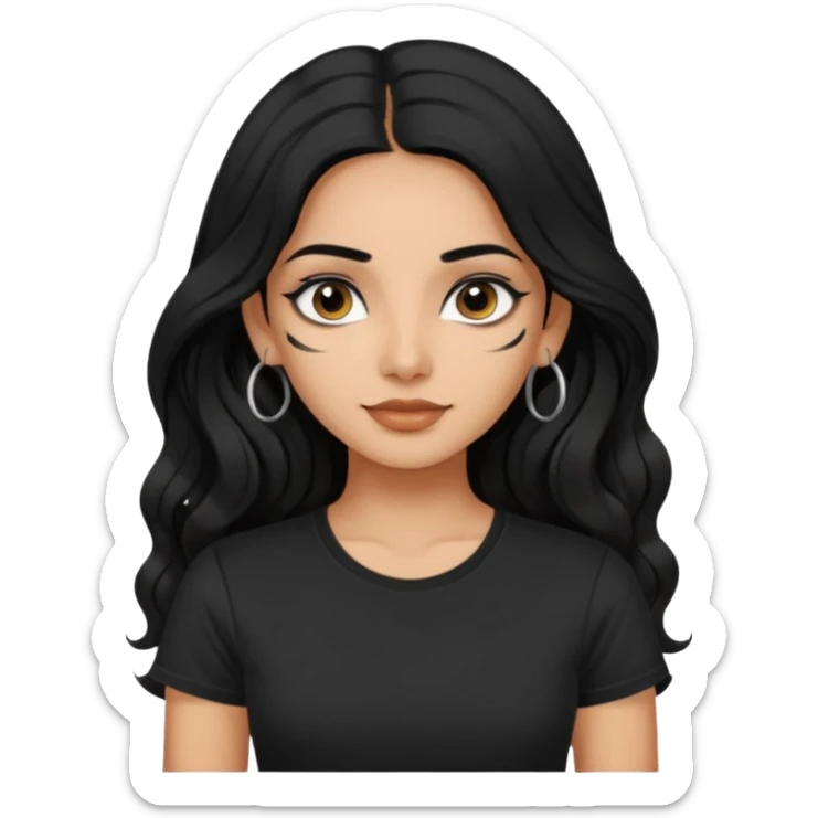 a pretty indian bratz girl with wavy long black hair, wearing a black tshirt, eyeliner on. no earrings sticker