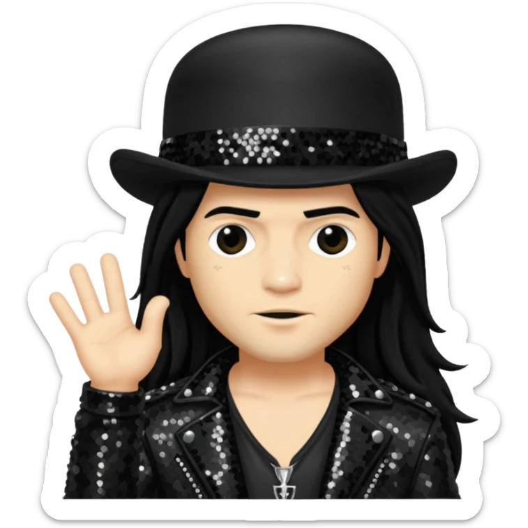 Slash from Gun n Roses with long jet black hair, black sequin outfit sticker