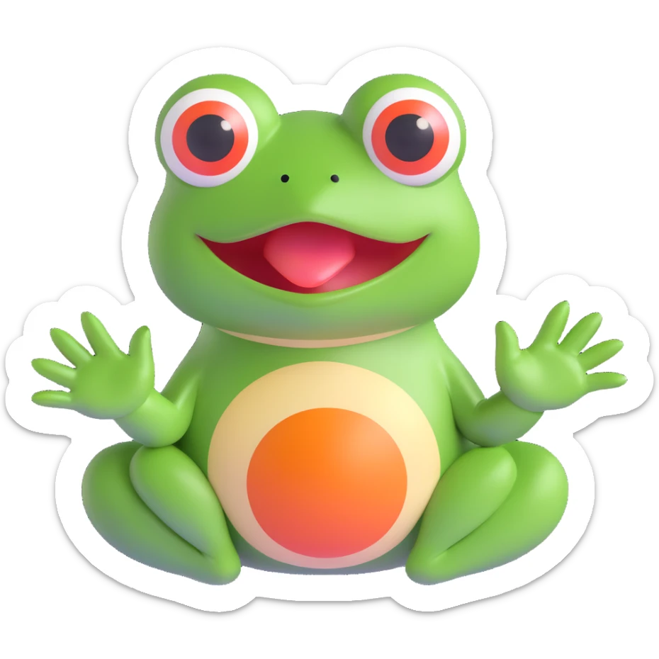 Pepe the Frog in a 3D emoji style, holding both hands over his mouth, eyes wide, as if barely holding back laughter, with a speech bubble that says 'bus garso'. Playful style like the reference, no hat, cigar, drink, or bottle. Variant 2. sticker