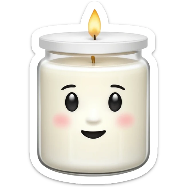 minimal flat emoji of a white scented candle in a glossy white glass jar with the write “cotton”, soft warm glow, clean vector style, elegant and modern, transparent background lux style sticker