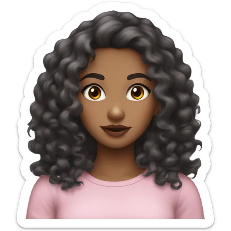 A tan girl with long black wavy-curly hair, brown eyes, long lashes, noticeable blush, pink lips, and a tight grey long-sleeve top. sticker