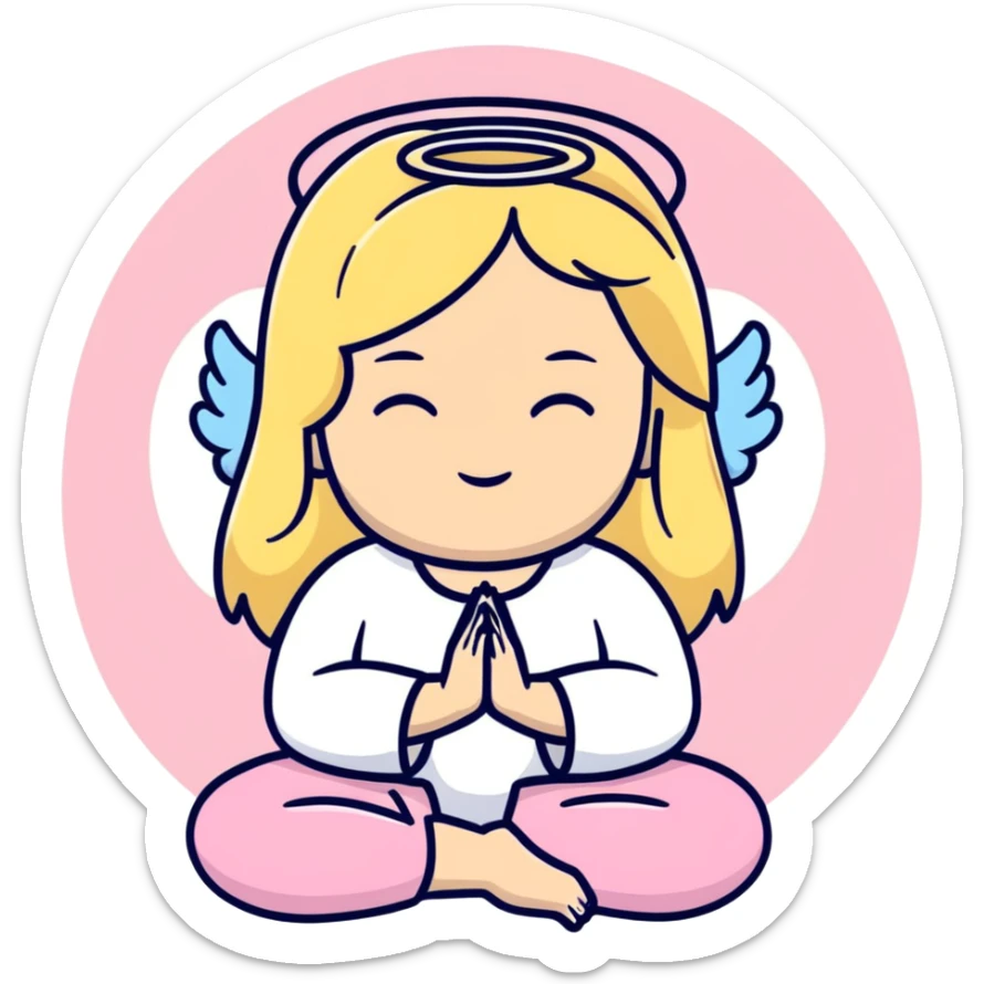 woman with long blonde hair as an angel meditating with pink cufflinks in her hair sticker