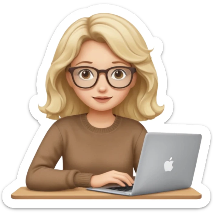 iOS style emoji, upper body view: blonde girl with dark blonde wavy hair, wearing pantos-style glasses and a brown sweater, sitting with a laptop, flat vector design, soft pastel colors, white background, Apple emoji style, upper body shot sticker