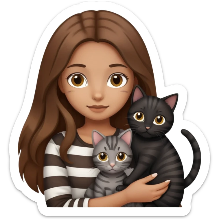 tan girl with long brown hair holding two cats, one black cat and one grey-striped cat sticker