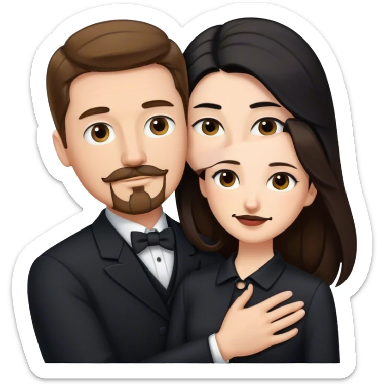 tall white man with brown hair goatee mustache hugging a pale woman with long black hair, wearing formal clothing sticker