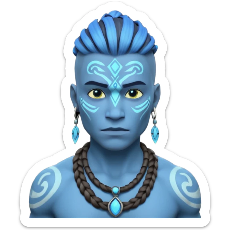 avatar-style Na’vi male portrait, head and shoulders only, blue skin, bioluminescent markings, strong face features, braided hair, tribal necklace, heroic expression, 3D cartoon, mobile game icon style, clean background, no text, no watermark
 sticker