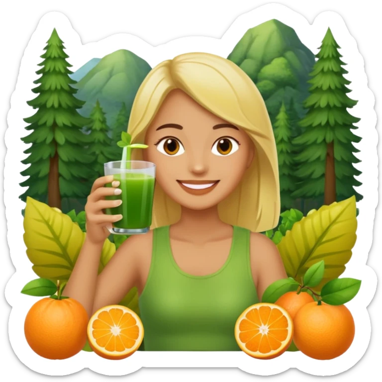 juice, colors yellow,orange,forest fruits, person, green juice sticker