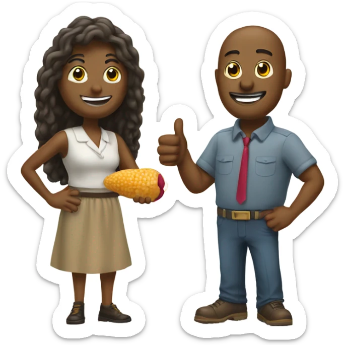 Man and woman standing next to a peanut that is  giving a thumbs up sticker