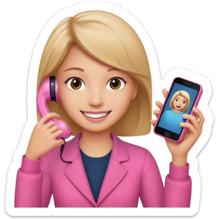 pink video call between one person holding the phone with a person on the phone screen sticker