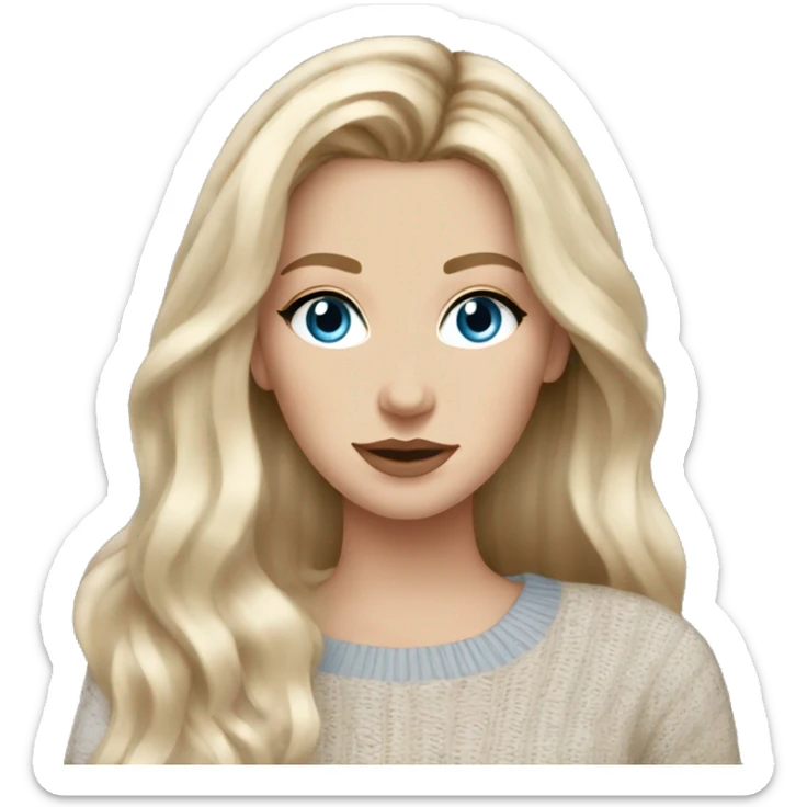 White girl blue eyes Blonde balayage long hair beige sweater sticker