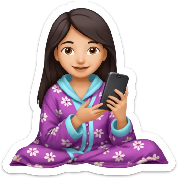 a pretty bratz fair indian girl covered in blanket, wearing pajamas, using phone sticker