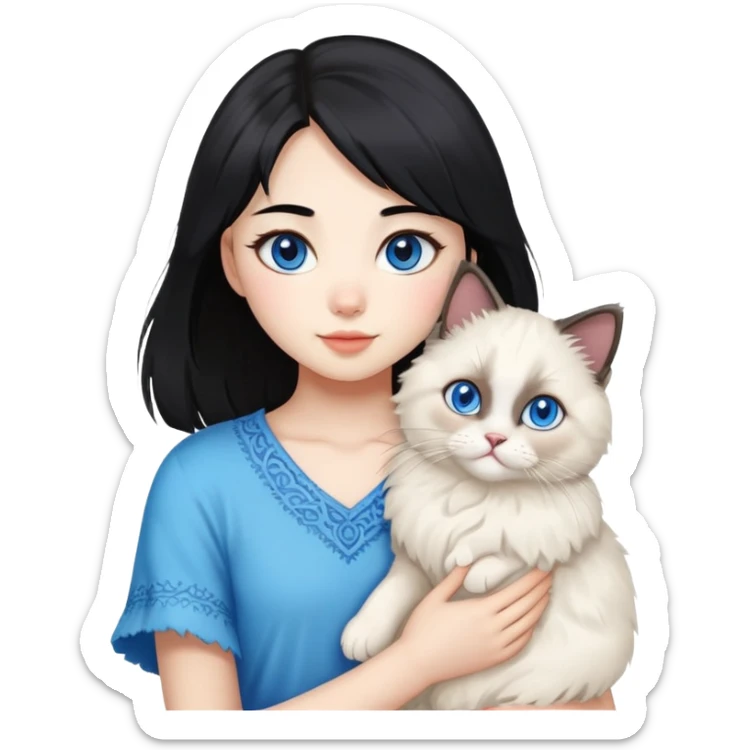 Asian girl with black hair holding a fluffy ragdoll cat with blue eyes and colorpoint fur sticker