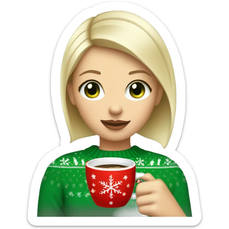 Short haired blonde girl with green eyes drinking coffee wearing Christmas sweater sticker