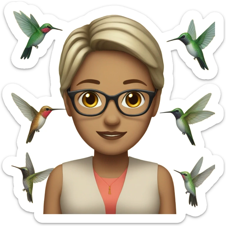 White girl  , brunette, with short hair, wearing glasses with a hummingbird next to her sticker