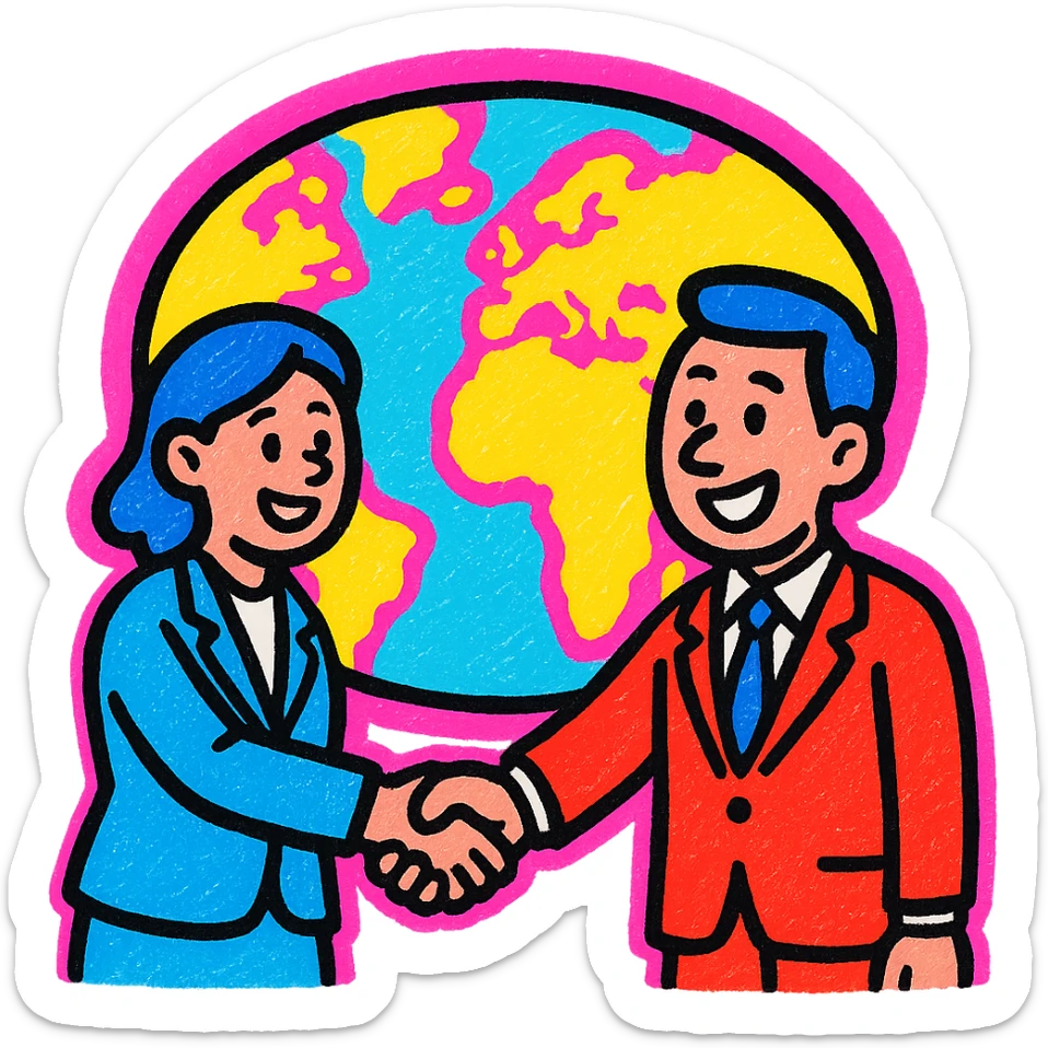 A lively and playful icon of two businesspeople shaking hands over a world map, using colors #1E90FF, #F13816, and #FFFFFF sticker
