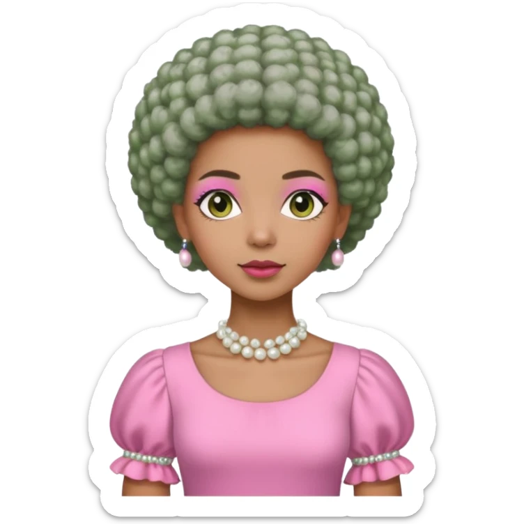 Pretty Brown woman with a very very short stylish gray Afro  wearing pink and green dress  and pearl blouse with sleeves sticker
