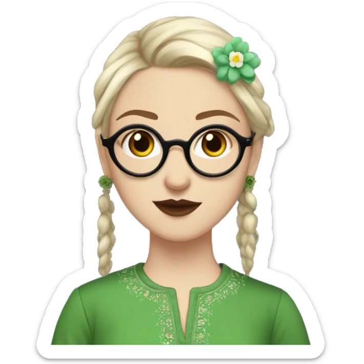 White girl in a green kurta with flower design, glasses, alot of piercing, gay, red lips, nose ring, full body, short straight black edgar hair, sticker