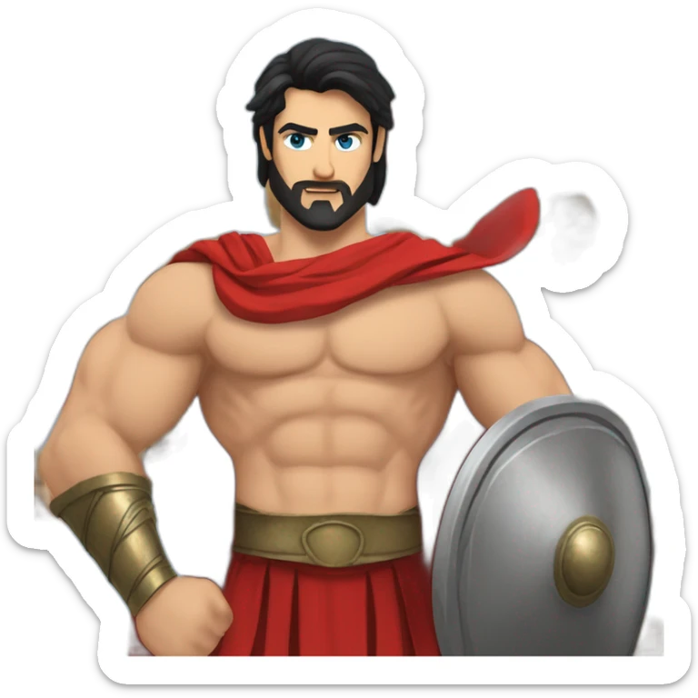 The Spartan Leonidas. Muscly physique. Wearing a red cape. Masculine. Black hair. Blue eyes. No beard. sticker