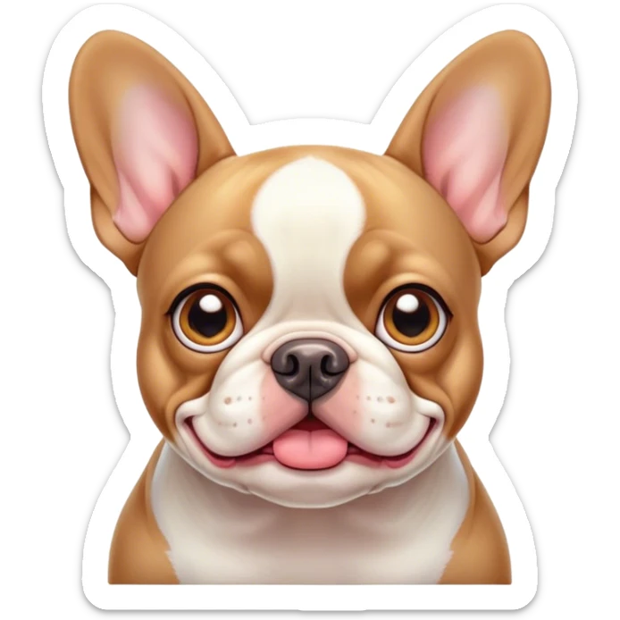 Cinematic Comical Pied French Bulldog Portrait Emoji, Head tilted with an exaggeratedly shocked, comical expression and wide, humorously expressive eyes, showcasing a distinctive pied fur of contrasting hues and a charmingly goofy face, simplified yet hilariously detailed, glowing with a sassy, playful radiance, high shine, exuding a mischievous and meme-worthy charm, styled with a soft glowing outline, capturing the essence of a Pied French Bulldog that looks ready to spark a viral laugh! sticker