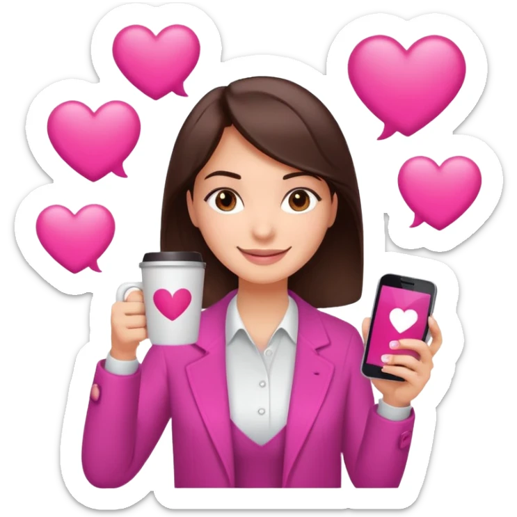 Social media manager. She has dark brown hair, brown eyes, a friendly smile. She is holding a smartphone and a coffee cup. Include subtle marketing elements like small icons of hashtags or a speech bubble with a heart, instagram logo. Use vibrant colors with a focus on pink and fuchsia tones. sticker