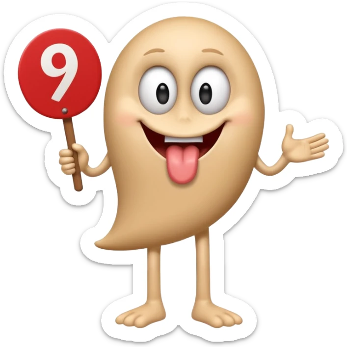 A school that has the number 9 on top of it's eyes holding a sign with the number 9 on the sign with a mouth sticking out his tongue with legs and arms with him being happy full of joy sticker