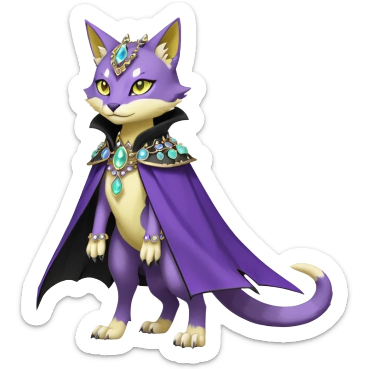 Kawaii cute Violet Yellow Black beautiful pretty elegant divine edgy feline-vernid-sergal-Fakémon-Pokémon-Digimon-fursona-animal-creature, full body, with intricate detailed markings, Embroidered capelet, Gem-studded horn ring sticker