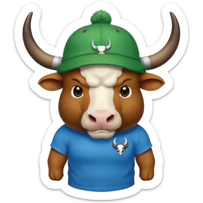a bull wearing a green cap leveled WAGMI and wearing a blue t shirt and WAGMI designed with bulls skull and horn sticker