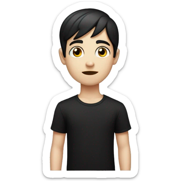 an emoji of a pale skinned boy with short straight black hair and open ears, with black eyes, wearing a basic black t-shirt, serious expression sticker