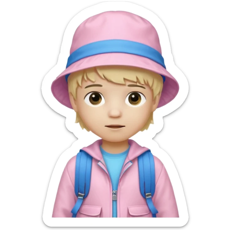 A little boy student white skin, blonde hair, with pink bucket hat, white jacket, blue backpack sticker