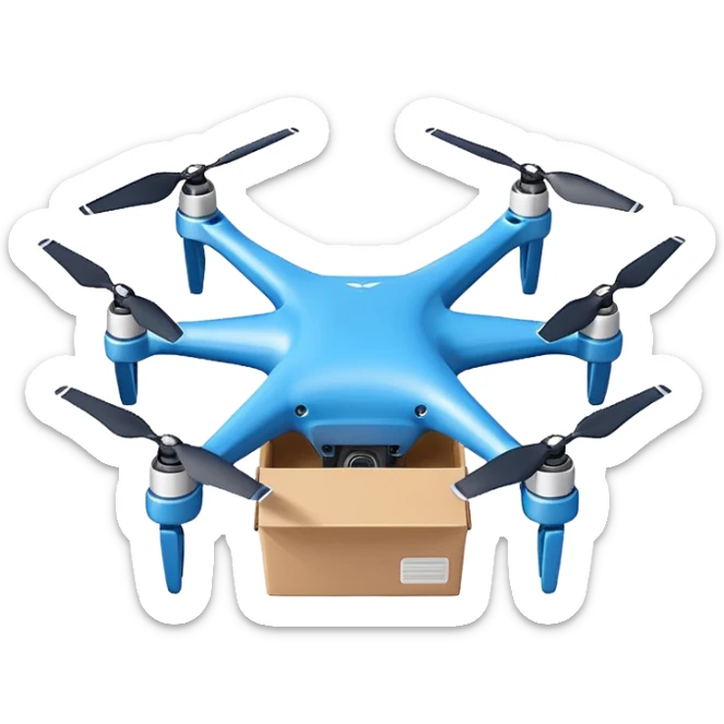 Delivery drone sticker, and blue texture on the body quadcopter carrying small package box, friendly design, simple flat vector style, soft shadow, white outline, transparent background sticker