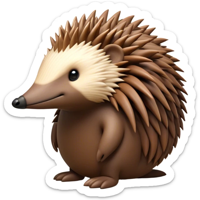 Cinematic Noble Echidna Portrait Emoji, Poised and regal, with a compact, spiky build and a textured, bristly fur in earthy browns, a distinctive pointed snout and keen, soulful eyes, Simplified yet sharp and sophisticated features, highly detailed, glowing with a warm, dignified glow, high shine, intelligent and resilient, stylized with an air of prickly elegance, focused and attentive, soft glowing outline, capturing the essence of a watchful and confident echidna, so majestic it feels as though it could scurry out of the screen with effortless authority! sticker