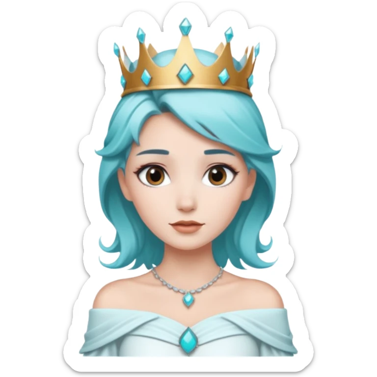 An ice queen with a little silver qrown, brown and turquoise hair and white skin. And off shoulder white dress sticker