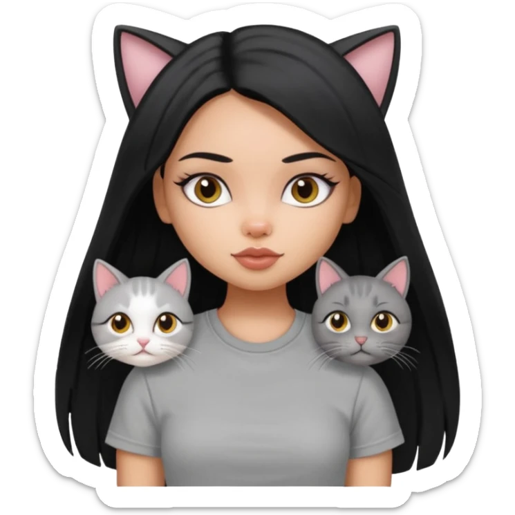 a pretty bratz dusky girl with long straight hair with 2 cats nd wearing a grey tshirt sticker