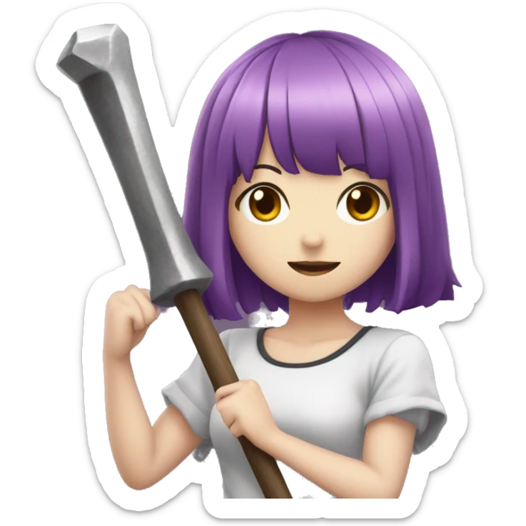 A anime girl with purple hair having a hammer with ban written on t sticker