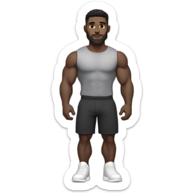 Pale skinned Fit Man With the biceps and dark brown hair in black shirt, gray sports shorts and white Sneakers Scales of the back of the head sticker