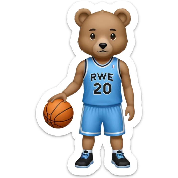 Bear with full body and wearing basketball black and light blue jersey that says RWE  sticker