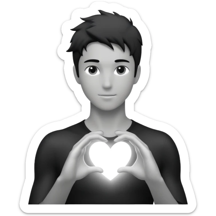 youthful male silhouette with glowing heart spark and flowing energy at fingertips, minimalist black or silver with soft dynamic motion sticker