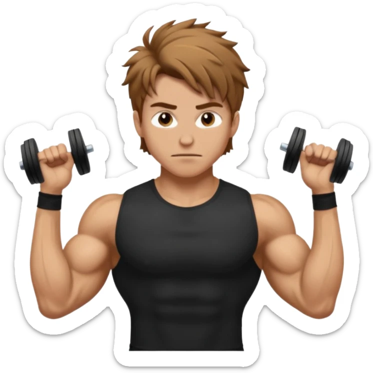 Gym rat with light brown hair and black t shirt, and messy hair. And muscular sticker