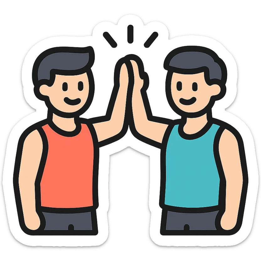 two gym buddies meeting and giving a high-five, modern and easy to understand, icon style, fitness theme sticker