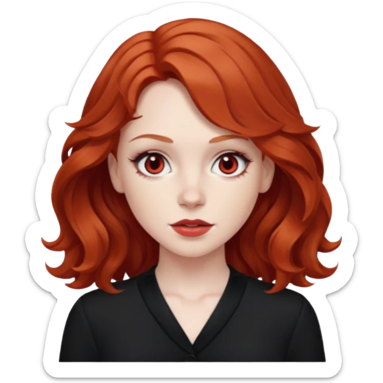 Sarah Blane from Summer of Fear with medium red wavy hair, white and red eyes, black outfit sticker